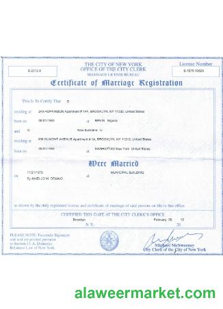 USA New York certificate of marriage registration